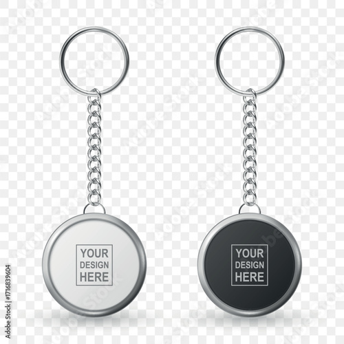 Vector Keychain Icon Set, Isolated. Realistic Round Keychain Design for Branding. Blank Keychain Mockup for Logo. Luxury Metallic Keychain Template for Custom Accessory Design