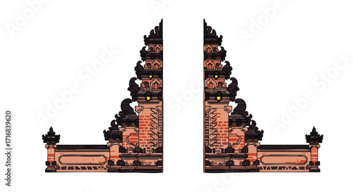 Intricate Balinese temple gate with ornate architecture and warm illumination, inviting exploration