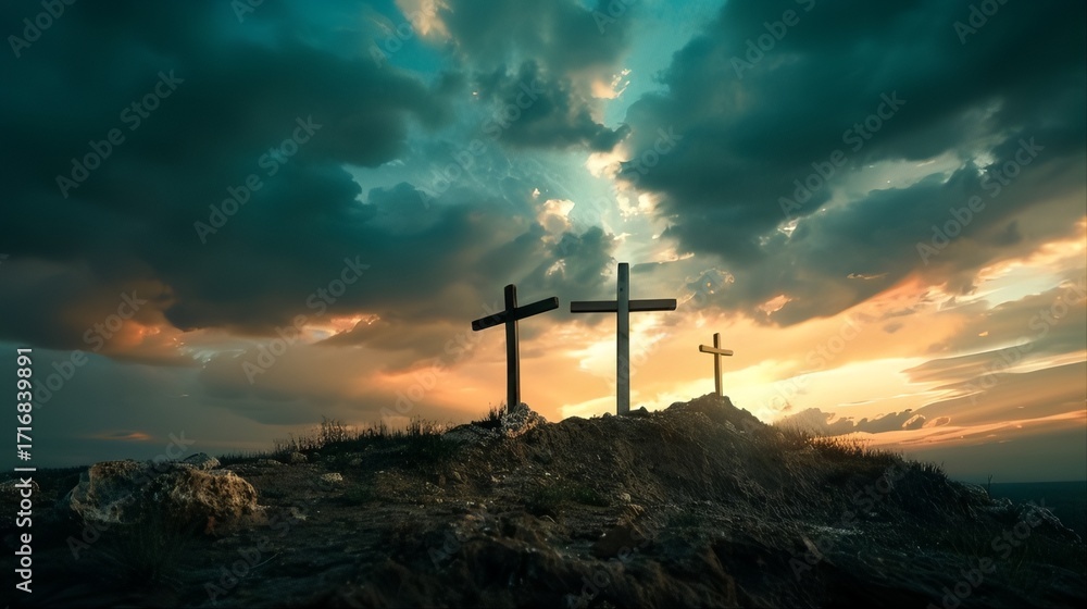 Obraz premium A cinematic depiction of Golgotha hill, three crosses in a spectacular sky, epic clouds, a picturesque scene of 1st century Palestine in movie-style, and dramatic photography.