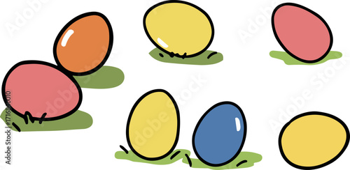 Colorful hand-drawn easter eggs resting on green grass in playful style  