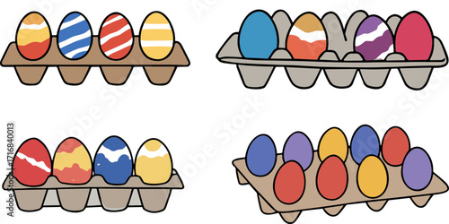 Colorful hand-drawn Easter eggs in trays with various patterns and colors  