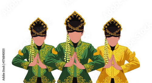 Three dancers in vibrant traditional costumes perform a graceful cultural welcome gesture
