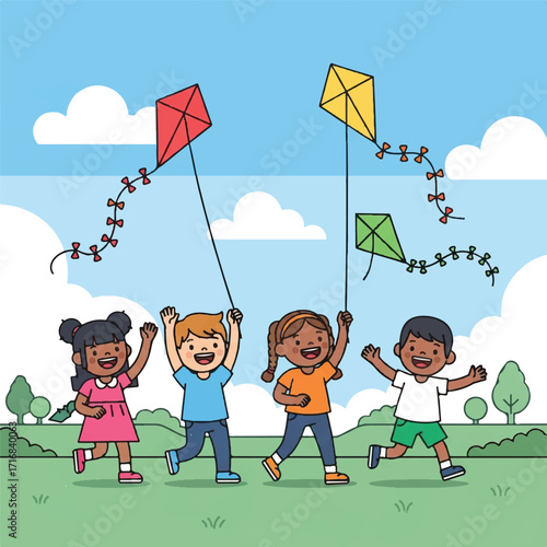 Four diverse children playing with colorful kites in a sunny outdoor setting with green grass and blue sky.