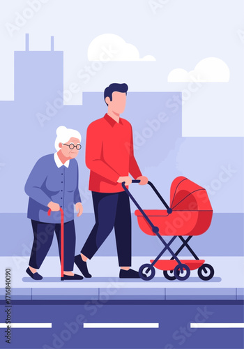Generations Walking Together Flat Vector Illustration