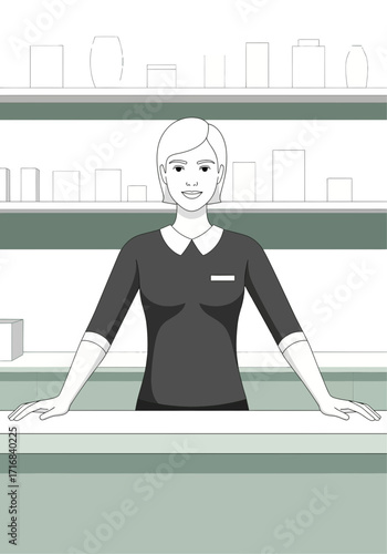 Flat Vector Illustration of Saleswoman at Store