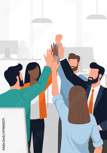 Diverse Business Team Highfive Success Flat Illustration