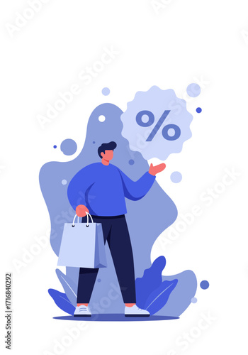 Modern Flat Vector Man Shopping With Percentage Discount