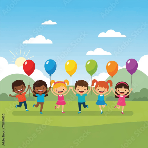 A diverse group of six happy children running in a green field holding colorful balloons against a sunny sky with clouds.