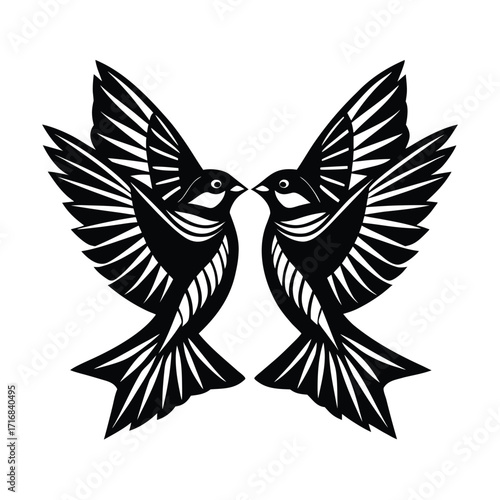 Two sparrows in mirrored dynamic formation