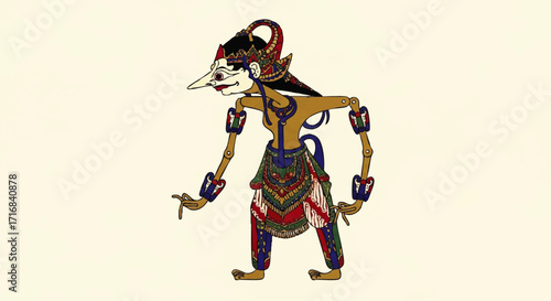 Vibrant traditional Wayang Kulit puppet showcases intricate cultural artistry and storytelling heritage