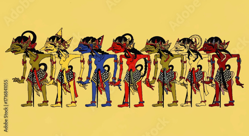 Vibrant traditional Wayang Kulit puppets display cultural heritage in a colorful line