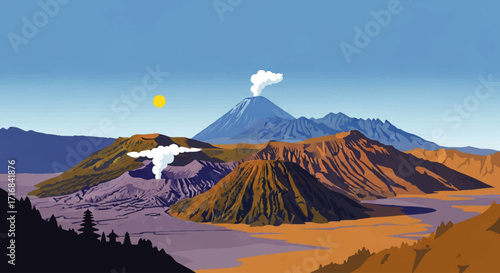 Majestic volcanic landscape unfolds under a bright sun, showcasing active craters and serene mountains