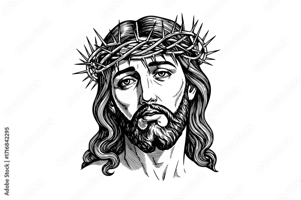Obraz premium Jesus Christ Wearing Crown of Thorns – Symbol of Sacrifice and Divine Love, Christian Religious Vector Illustration