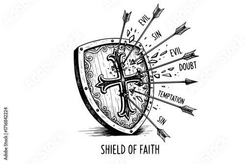 Shield of Faith – Defending Against Arrows of Evil and Sin, Christian Spiritual Armor Vector Illustration