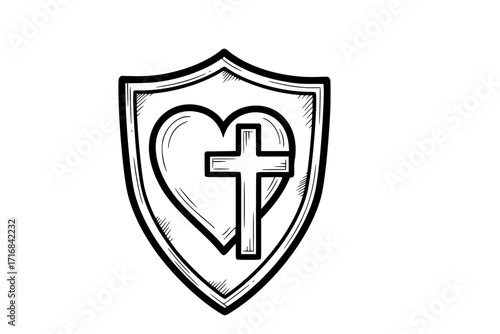 Shield with Heart and Christian Cross – Symbolizing Faith in Jesus Christ and the Love of God, Spiritual and Religious Vector Illustration