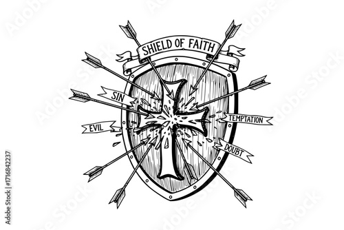 Shield of Faith – Defending Against Arrows of Evil and Sin, Christian Spiritual Armor Vector Illustration