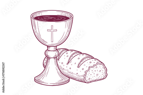 Communion Cup with Wine and Bread – Symbolizing the Blood of Jesus Christ Shed on the Cross and His Suffering, Christian Sacrament Vector Illustration