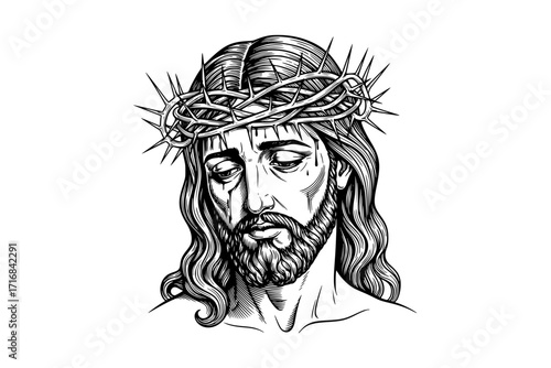 Jesus Christ Wearing Crown of Thorns – Symbol of Sacrifice and Divine Love, Christian Religious Vector Illustration