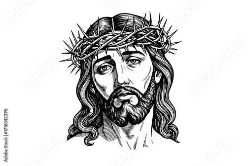 Jesus Christ Wearing Crown of Thorns – Symbol of Sacrifice and Divine Love, Christian Religious Vector Illustration