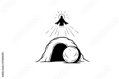 Easter – The Resurrection of Jesus and the Empty Tomb with Stone Rolled Away, Christian Holiday Vector Illustration of Christ’s Victory Over Death