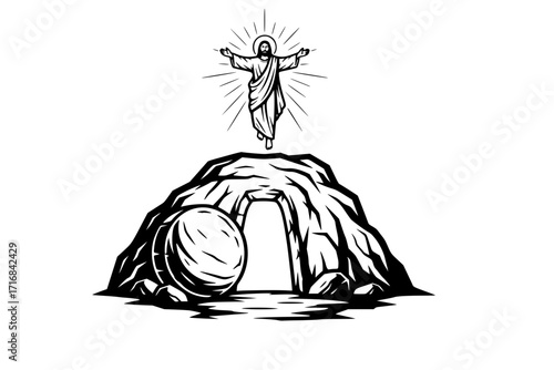 Easter – The Resurrection of Jesus and the Empty Tomb with Stone Rolled Away, Christian Holiday Vector Illustration of Christ’s Victory Over Death