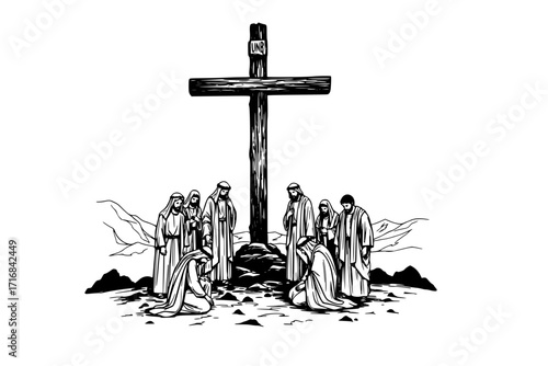 The Disciples of Jesus Standing at the Cross on Golgotha After the Crucifixion – Christian Religious Scene Vector Illustration