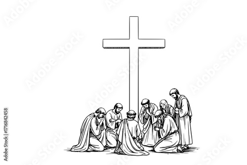 The Disciples of Jesus Standing at the Cross on Golgotha After the Crucifixion – Christian Religious Scene Vector Illustration
