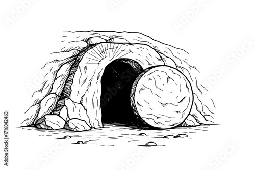 Easter – The Resurrection of Jesus and the Empty Tomb with Stone Rolled Away, Christian Holiday Vector Illustration of Christ’s Victory Over Death