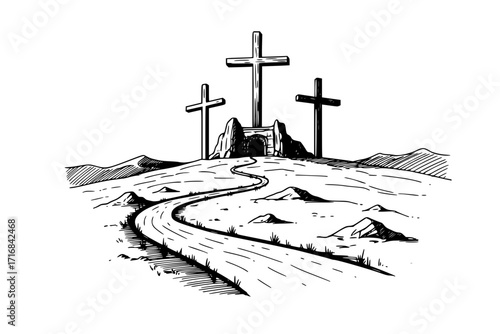 Three Crosses on Golgotha – The Road to the Crucifixion, Christian Religious Scene Vector Illustration