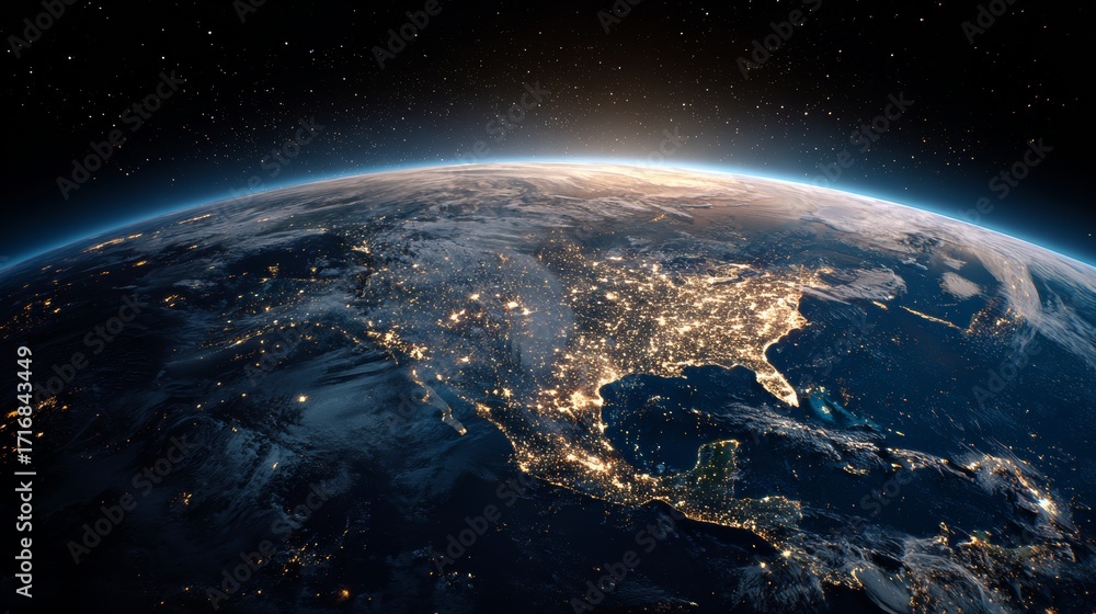 Obraz premium View of Earth from space at night, highlighting glowing cities and vast natural landscapes, creating a breathtaking cosmic perspective