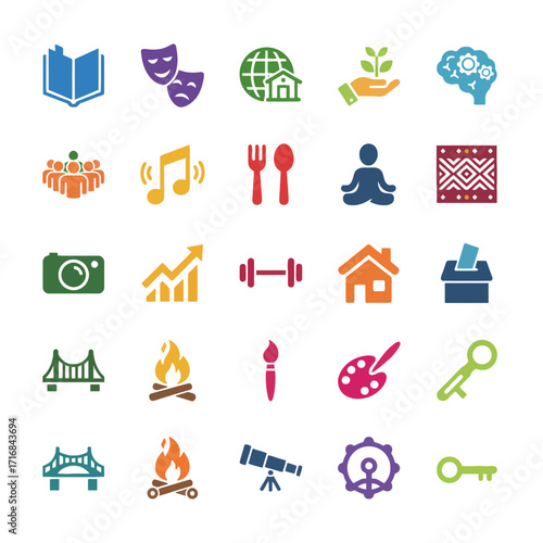 Creative cultural pillars flat icon set on a clean white background.