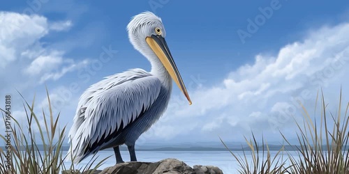 Anime style pelican - cartoon bird near the shore