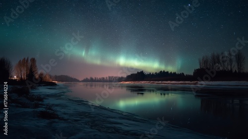 Wallpaper Mural Surreal starlit aurora sky reflecting on frozen river,  Torontodigital.ca