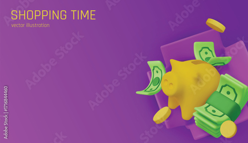 Money Piggy bank creative business concept. Realistic 3d design. Pink pig keeps gold coins. Safe finance investment. Financial services. Landing page template mockup for website. Vector illustration