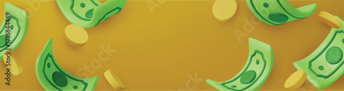 Gold coins with green paper dollars, Cashier's checks. Realistic 3d design in cartoon style. Business financial investment. Creative concept. Trade cash back. Save savings. Vector illustration