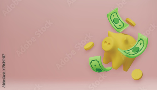 Money Piggy bank creative business concept. Realistic 3d design. Pink pig keeps gold coins. Safe finance investment. Financial services. Landing page template mockup for website. Vector illustration