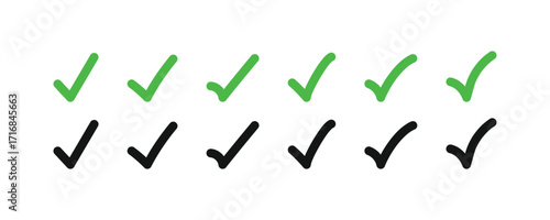 Hand-drawn check mark icons in two styles, vibrant green and classic black. Perfect for adding a modern, hand-drawn or scribble touch to your projects, including apps, websites, and presentations