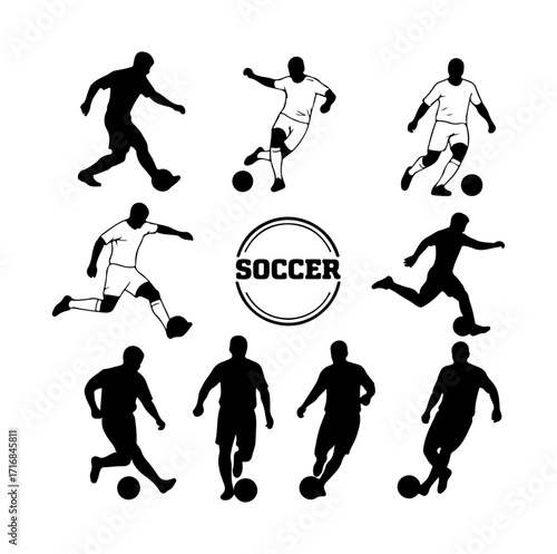 Dynamic soccer player silhouettes in action demonstrating various kicking poses and movements vector