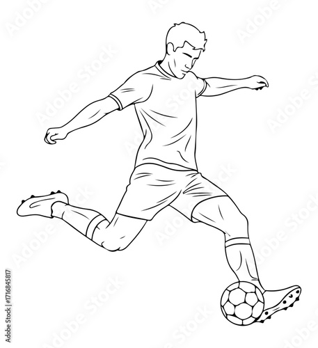 Dynamic line art depiction of a soccer player kicking a ball in mid-air vector