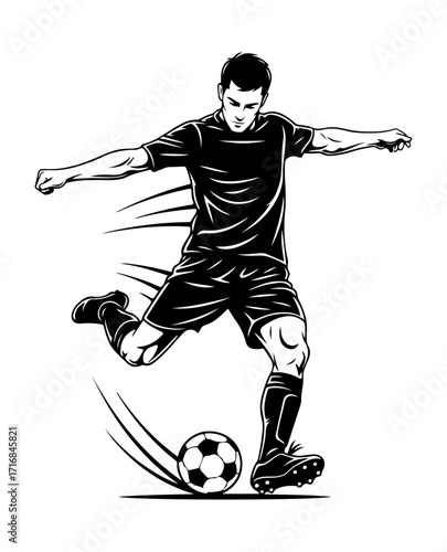 Dynamic soccer player kicking ball action shot line art style dynamic movement vector