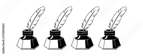 Four antique inkwells with quills ready for writing historical literature and poetry vector