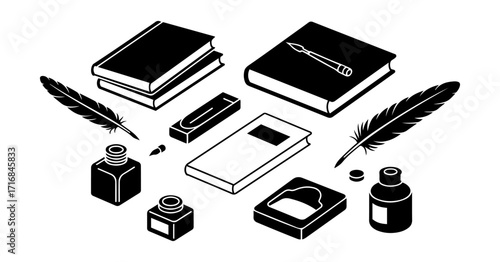 Vintage writing tools and books collection isometric view vector