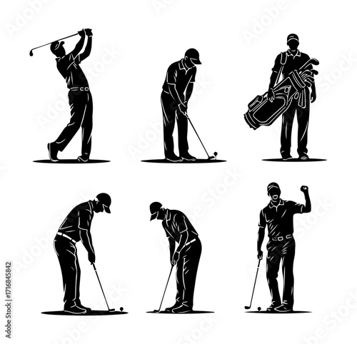 Diverse golfers in action silhouette set capturing swing and putt movements vector