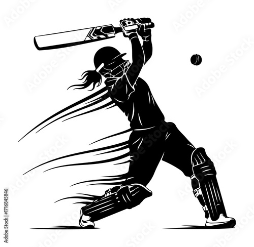 Dynamic female cricketer swinging bat mid-game capturing fast action silhouette vector