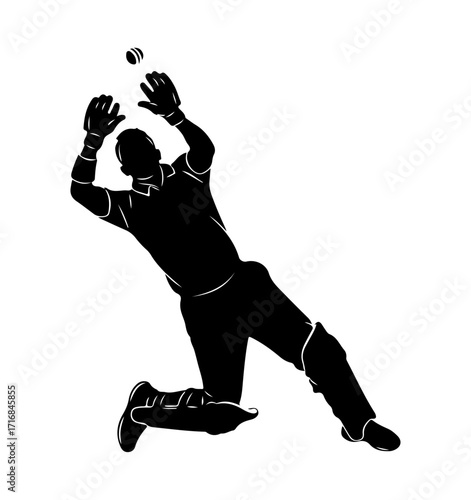 Dynamic silhouette of a cricket player catching ball in mid-air motion action sport vector