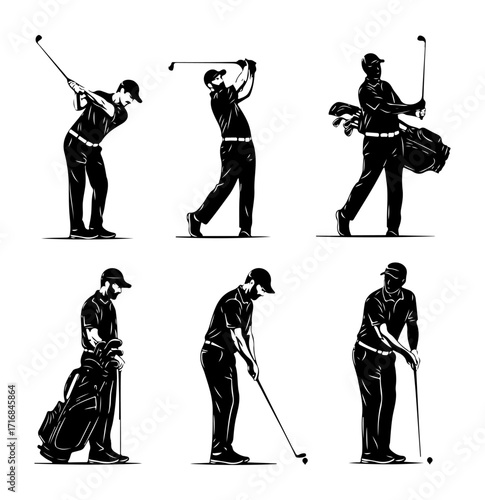Dynamic golfers set capturing diverse swinging poses and walking moments vector