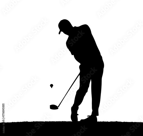 Silhouette of a golfer swinging a club hitting a golf ball in mid-air on a bright day vector
