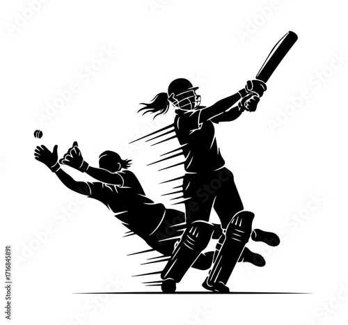 Dynamic silhouettes of women cricket players in action during a match vector