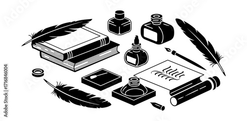 Vintage writing supplies stacked books quills ink bottles and calligraphy pen set arrangement vector