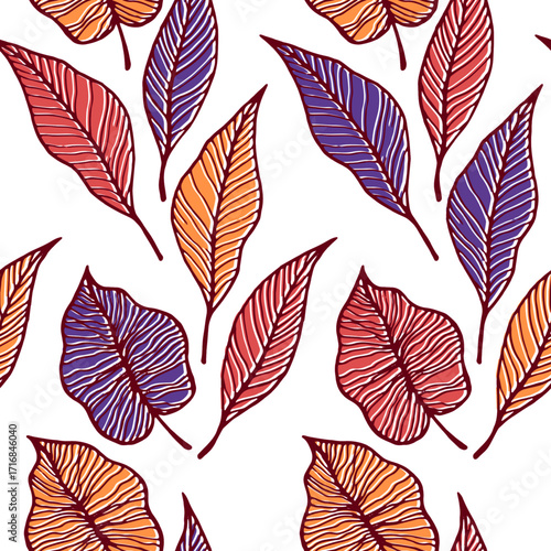 Aspen leaf floral vector seamless pattern. Botanical elements background. Tree plant foliage skeleton illustration. Decorative leaves herbal endless ornament. Ornate fabric print.